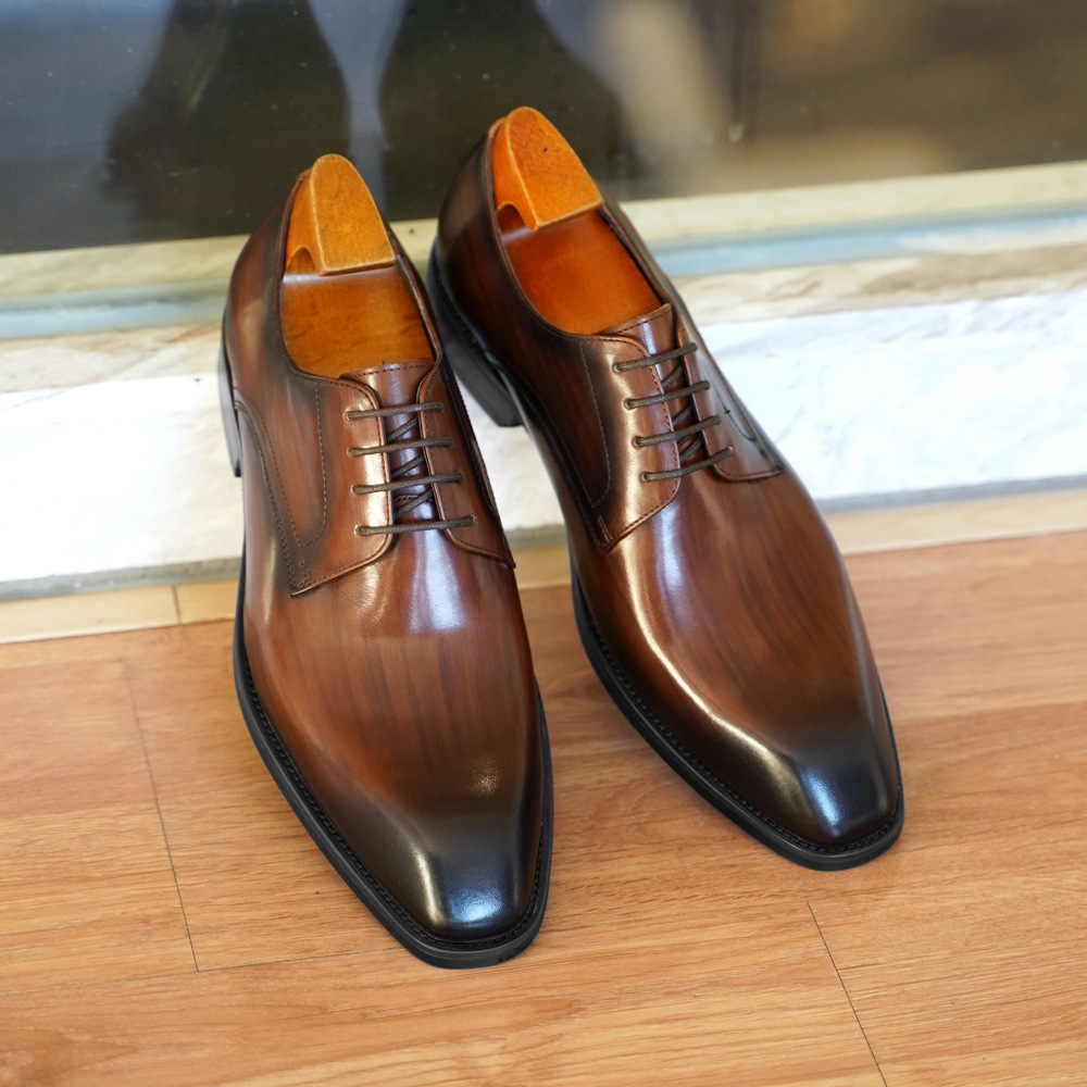 Woodworking Shoes - メンズビジネスカジュアルシューズ、ヴィンテージ風木目調スクエアトゥレザーダービーシューズ、快適なオフィスウェア、フォーマルなドレスシューズ、フットウェア