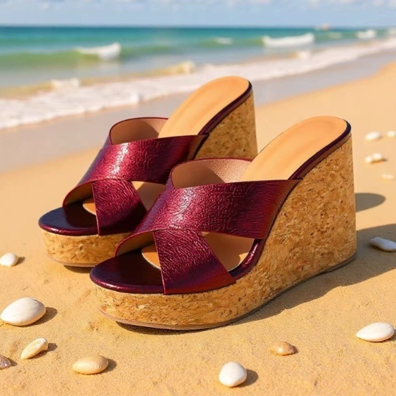 アネイケ2026夏ワインレッドクロスベルトウェッジヒール厚底 - Woodworking Shoes のレビューと価格